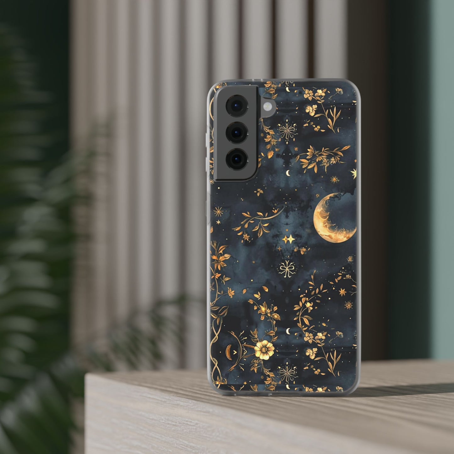 Moon And Flowers On Navy TPU Flexi Cases For iPhones and Samsung Galaxy