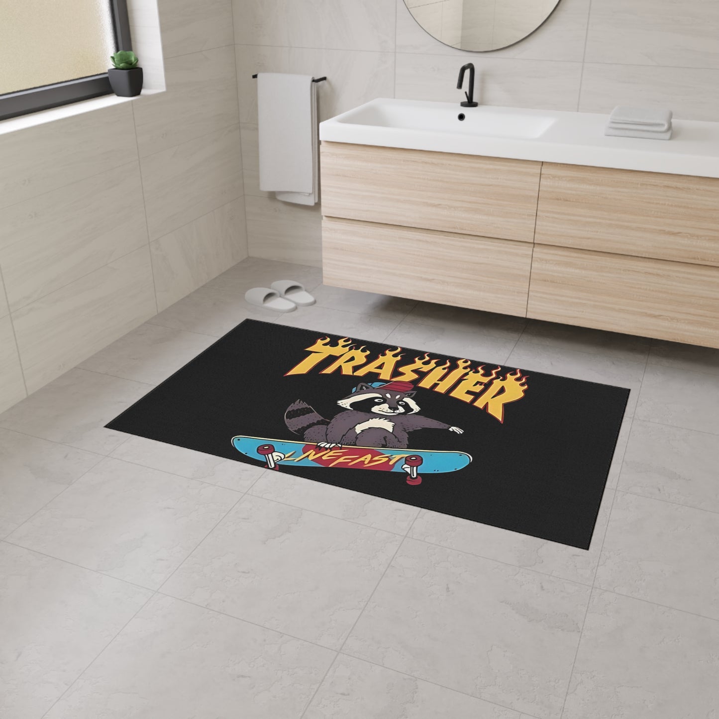 Skate Raccoon 'Trasher' Heavy Duty Floor Mat, Live Fast Skateboard Entrance Rug