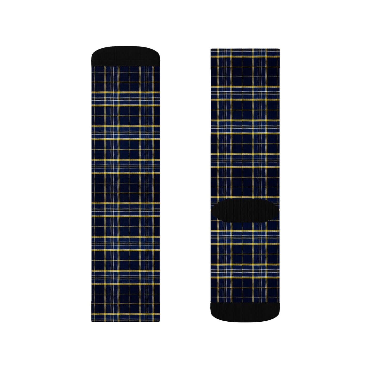Navy Yellow Plaid Sublimation Socks | Tartan Pattern Crew Socks