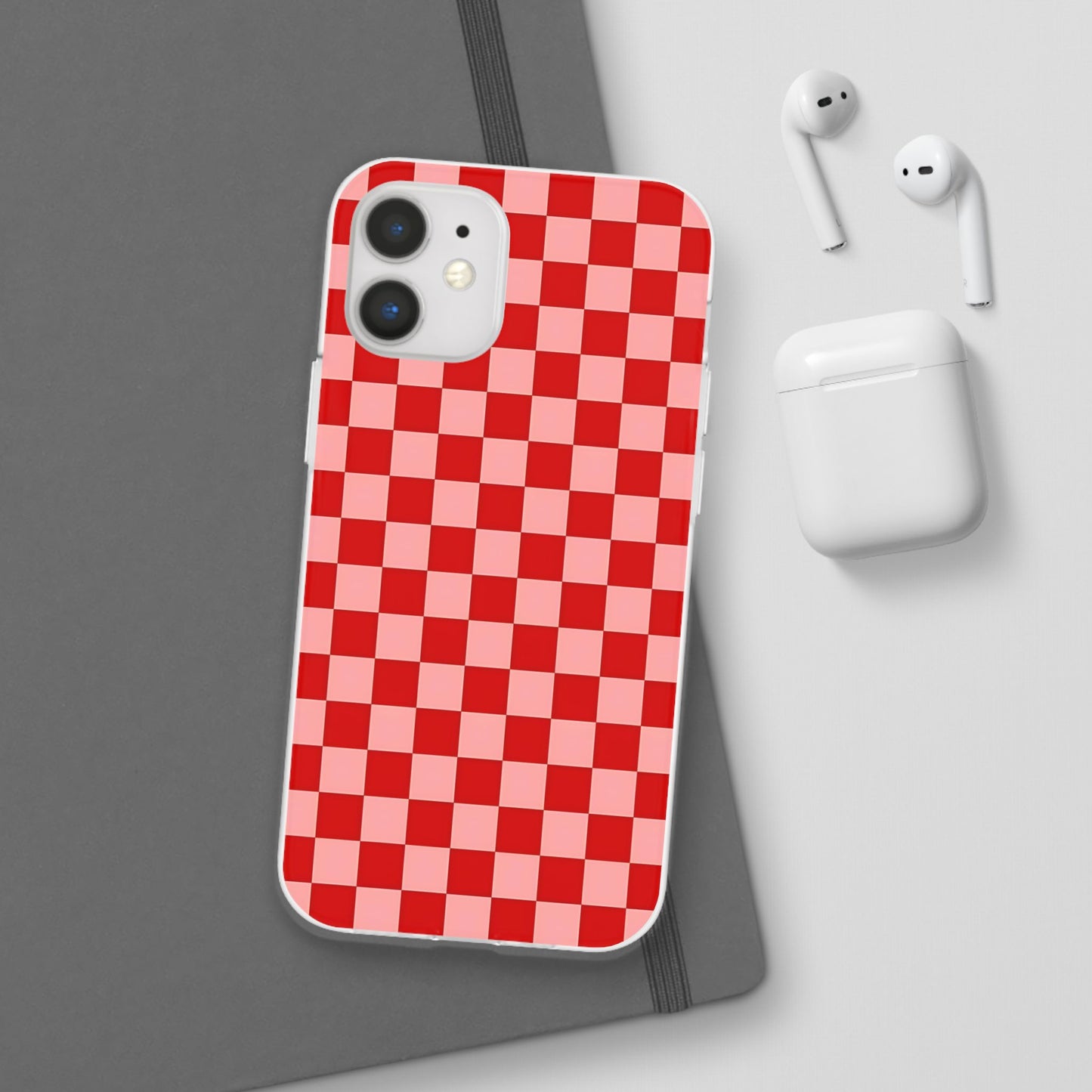 Red Checkerboard TPU Soft Flexi Phone Case — Retro Red & Pink Plaid Protective Cover