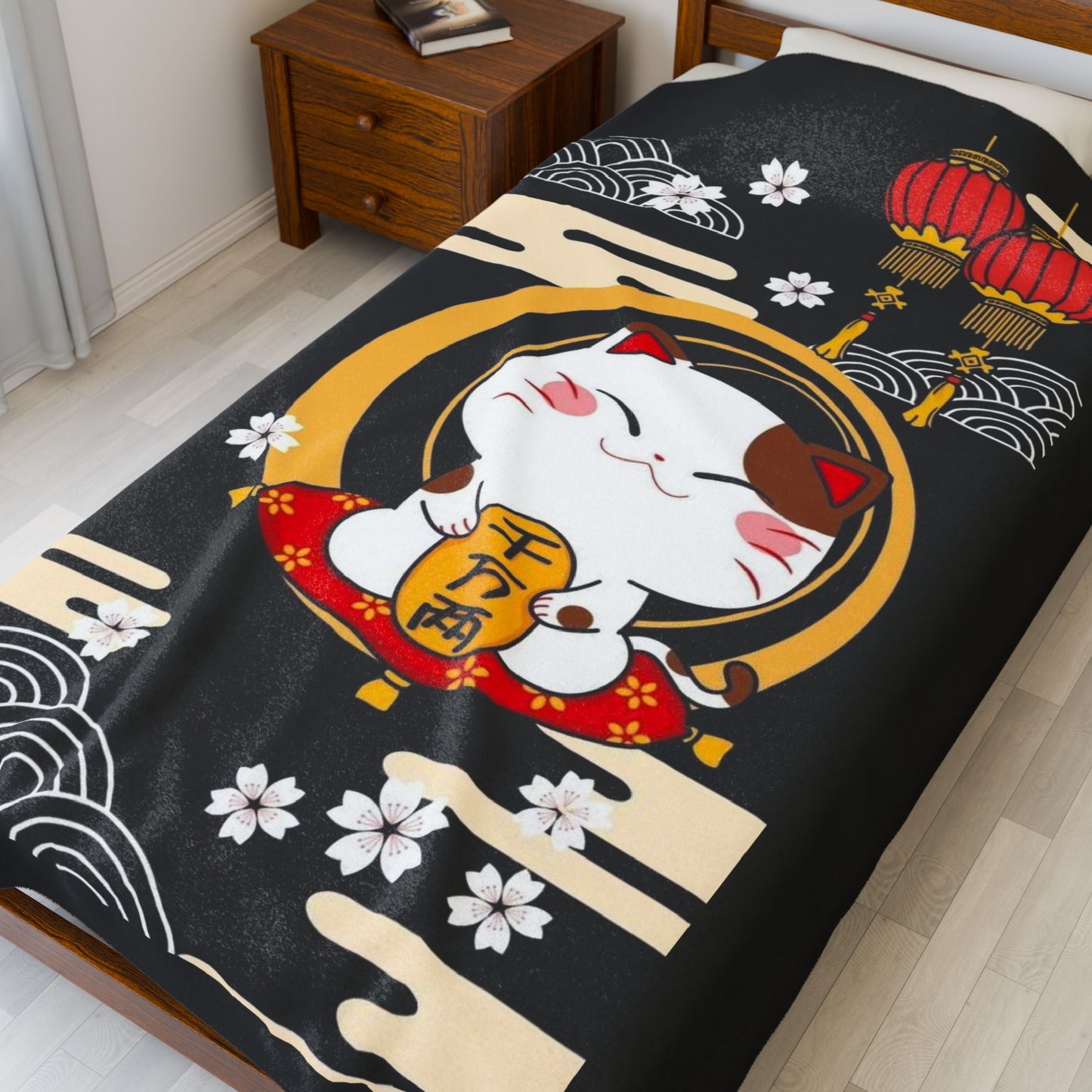 Lucky Cat-Themed Velveteen Plush Blanket, JDM Drift Car Decor, Gifts
