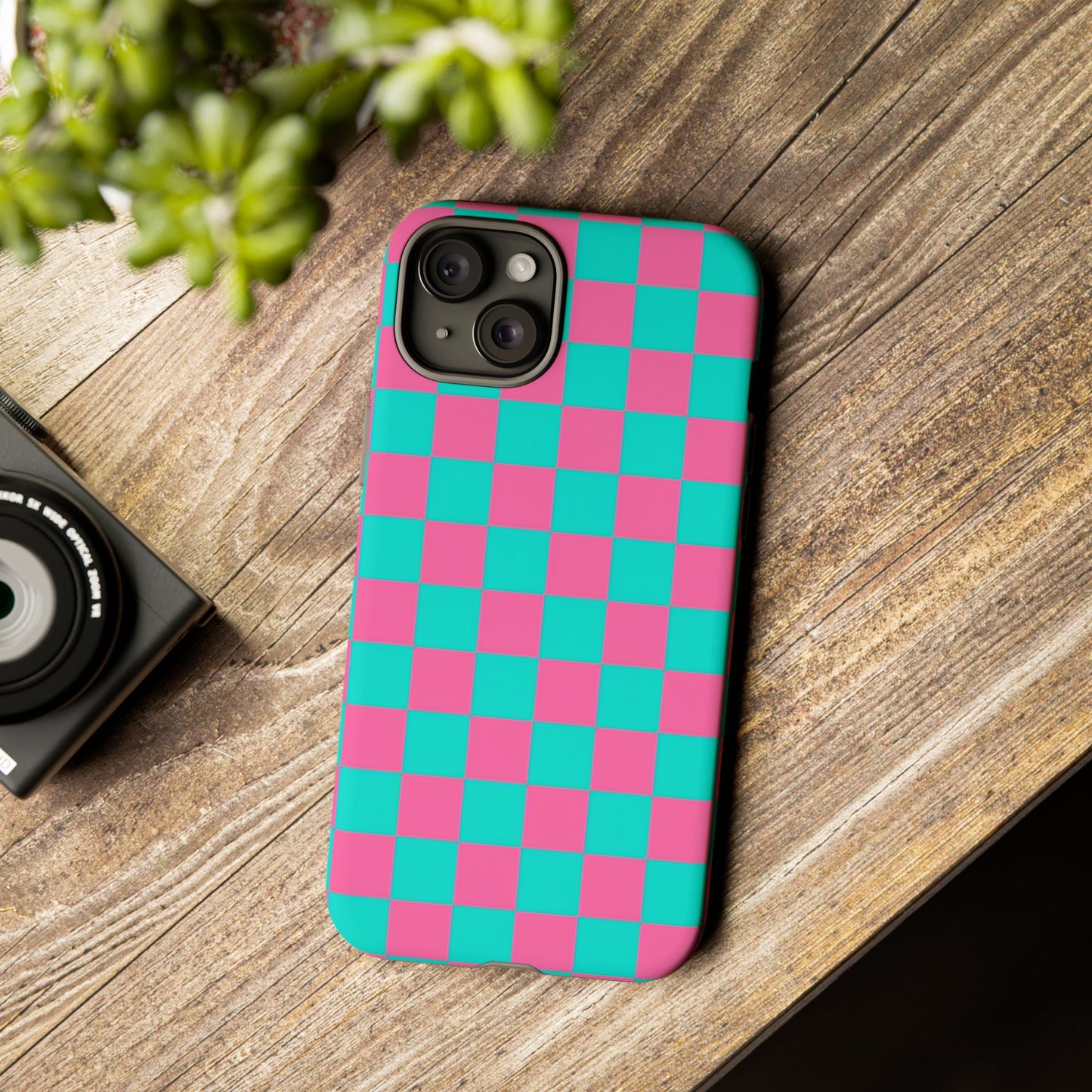Hot Pink And Teal Checker Pattern Tough Case for iPhone, Galaxy Phones and Google Pixel