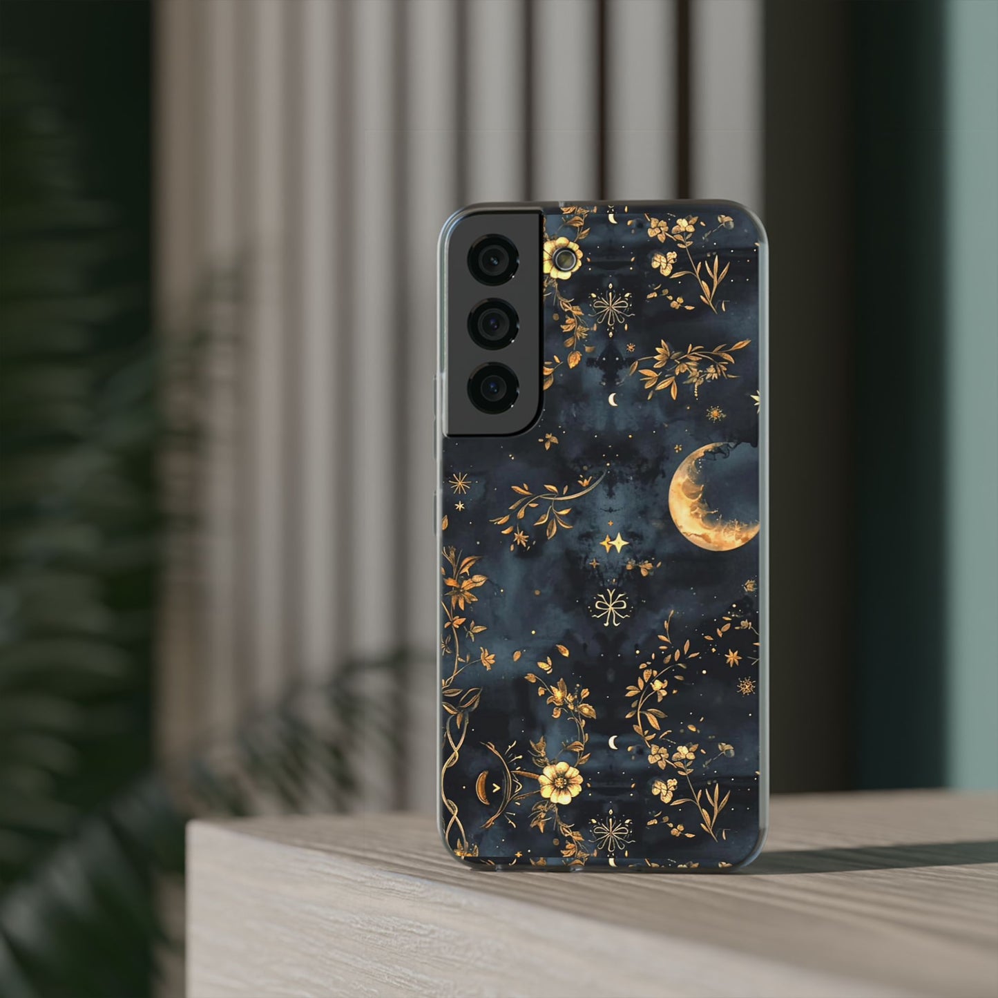 Moon And Flowers On Navy TPU Flexi Cases For iPhones and Samsung Galaxy