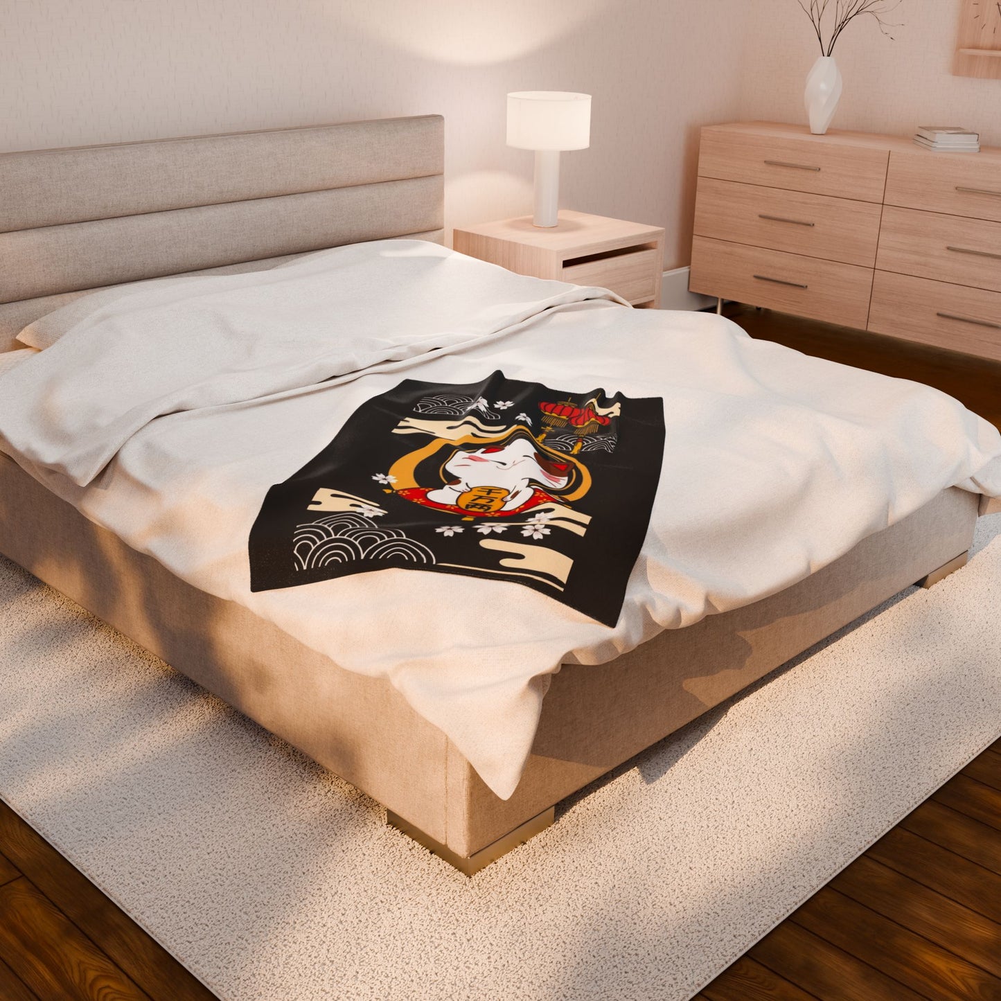 Lucky Cat-Themed Velveteen Plush Blanket, JDM Drift Car Decor, Gifts