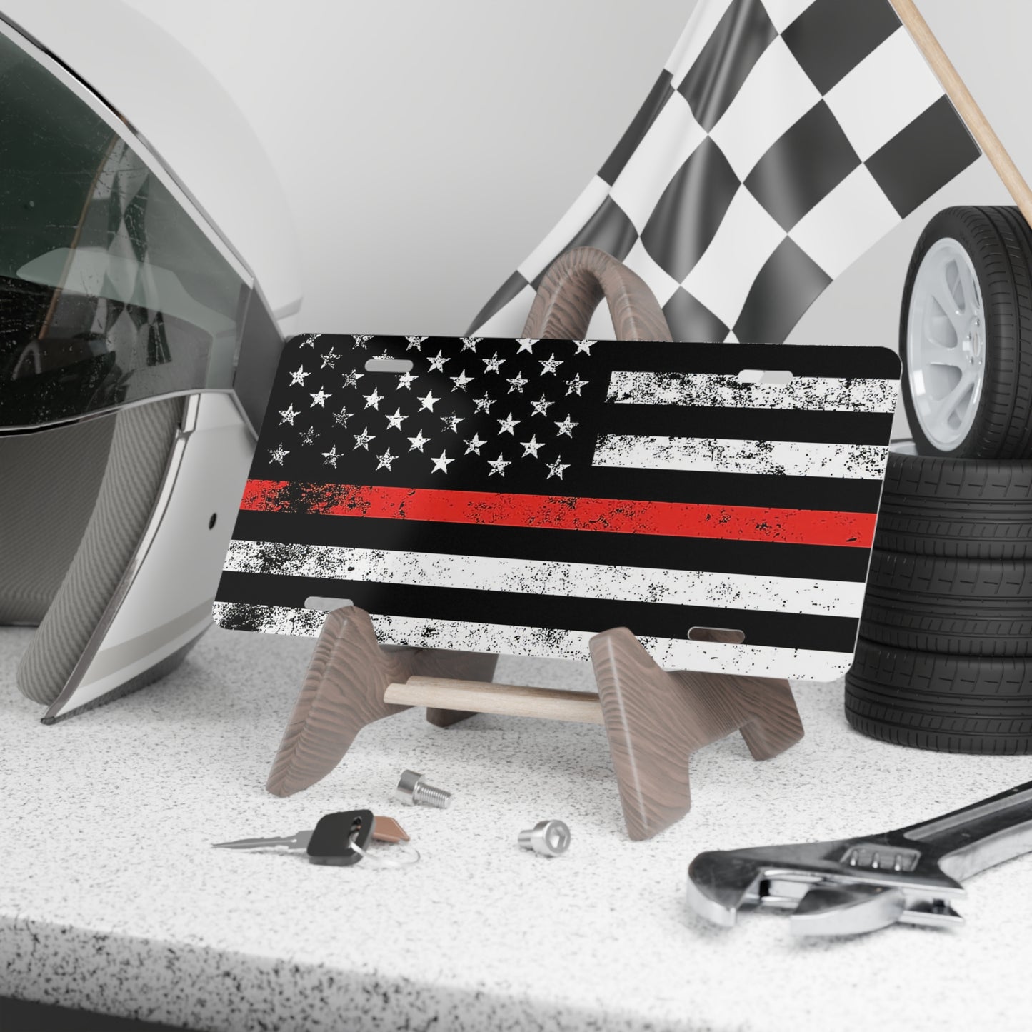 Fire Fighter Vanity License Plate Thin Red Line Stars Stripes