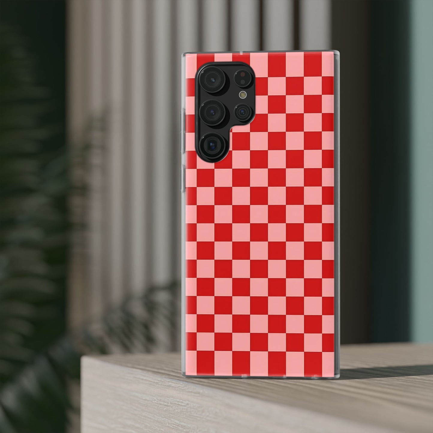 Red Checkerboard TPU Soft Flexi Phone Case — Retro Red & Pink Plaid Protective Cover