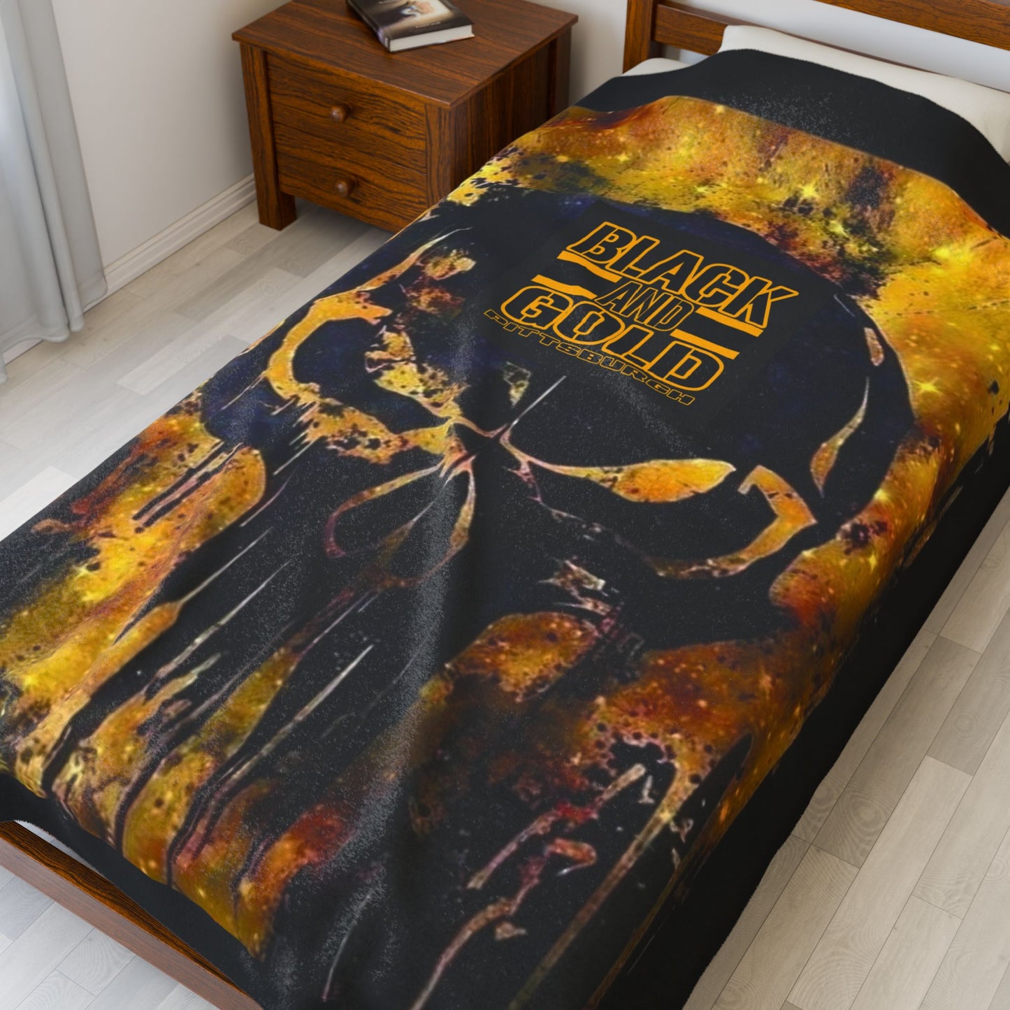 Black and Gold Jake Skull Pittsburgh Sports Blanket | Grunge Splatter Gift Throw