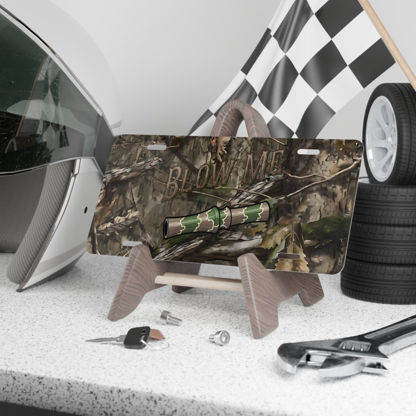 Duck Call Vanity License Plate, Blow Me Duck Hunting Camo Design