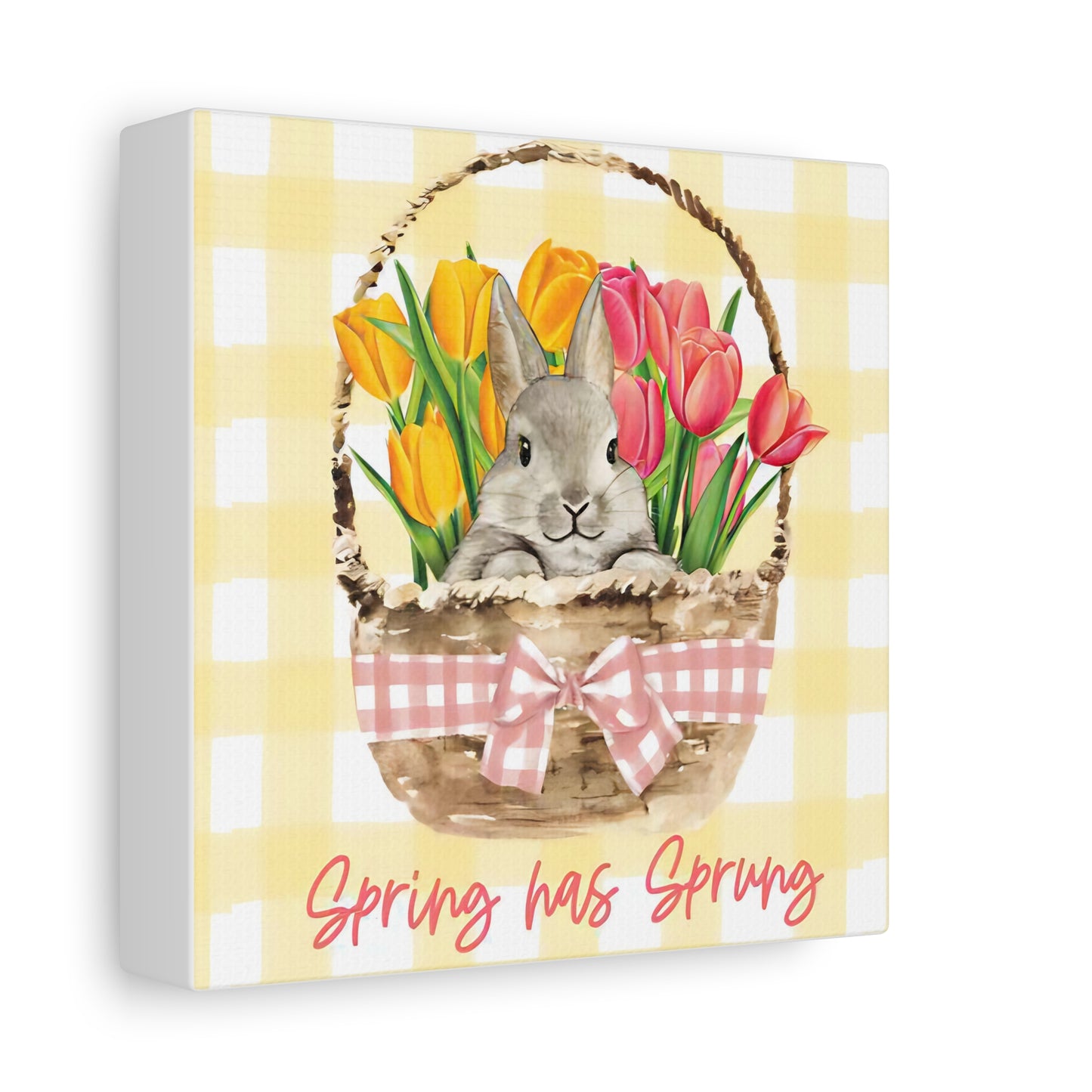 Spring Has Sprung Canvas Print, Yellow Plaid Pattern Bunny Print