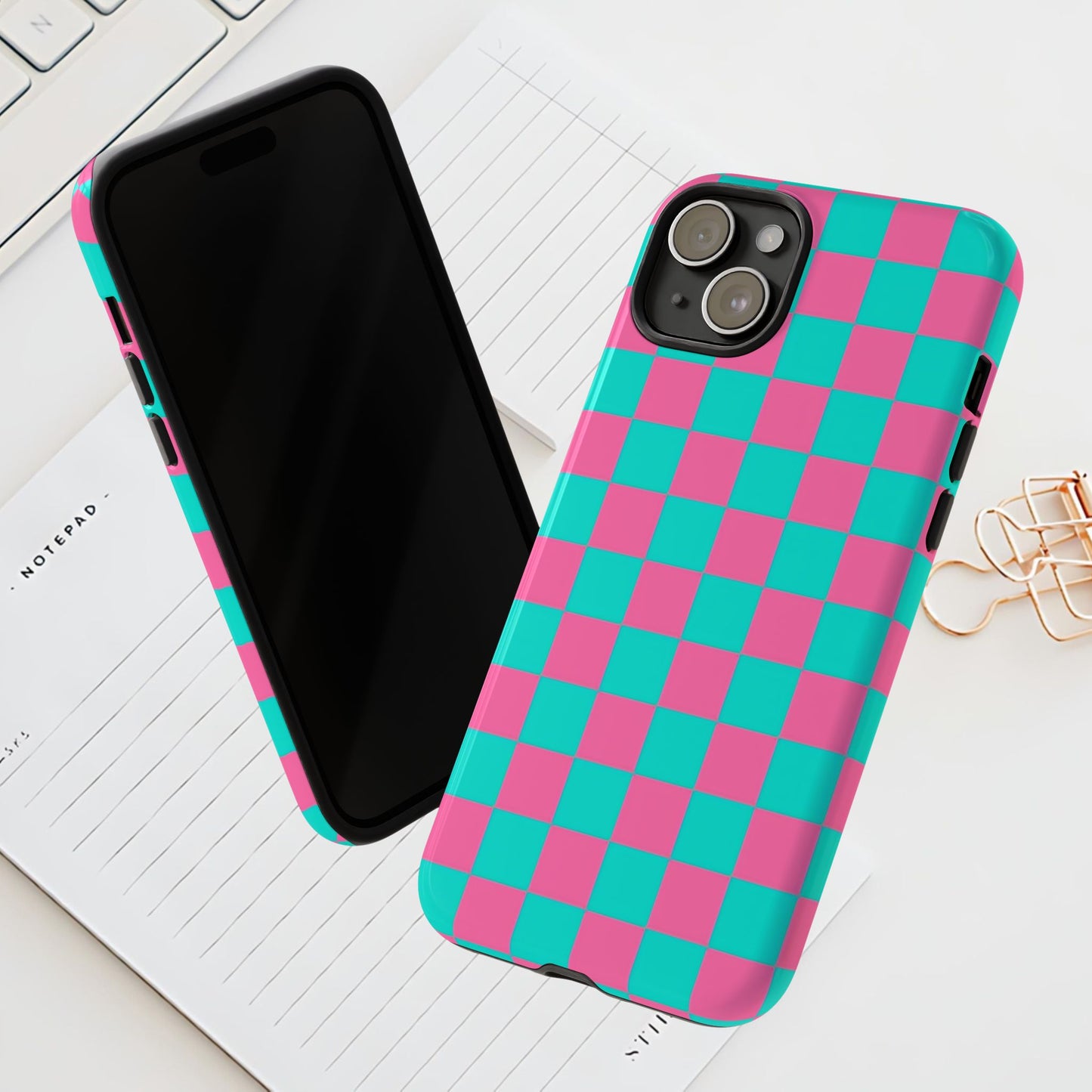 Hot Pink And Teal Checker Pattern Tough Case for iPhone, Galaxy Phones and Google Pixel
