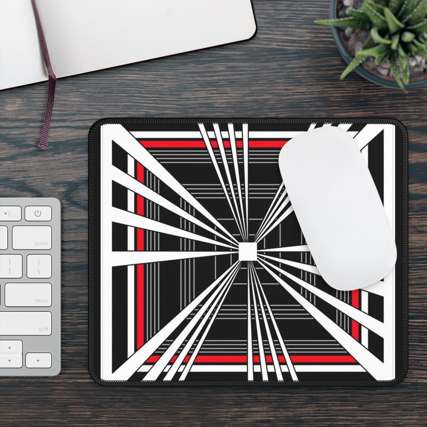 Tesla Plaid Gaming Mouse Pad — Geometric Optical Illusion Design (Black, White & Red)