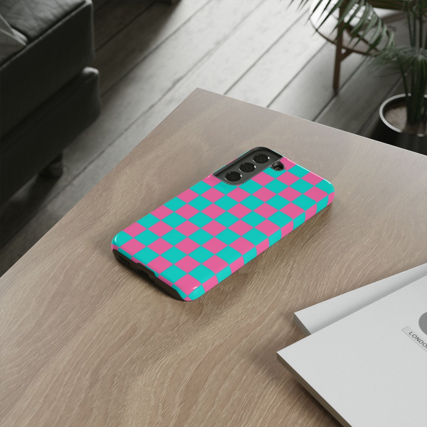 Hot Pink And Teal Checker Pattern Tough Case for iPhone, Galaxy Phones and Google Pixel