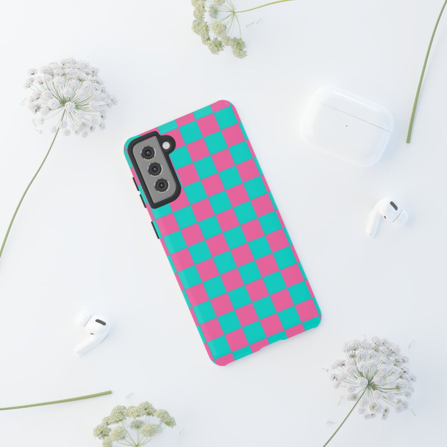 Hot Pink And Teal Checker Pattern Tough Case for iPhone, Galaxy Phones and Google Pixel