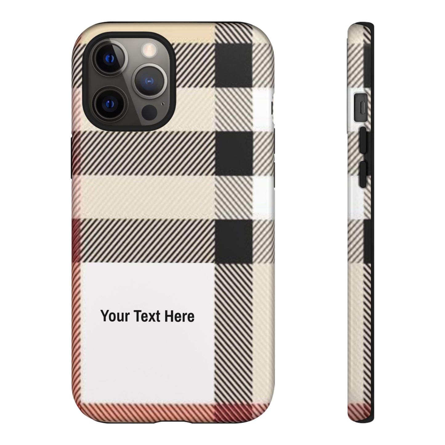 Beige Plaid Personalized Name/Initial Tough Cases For iPhones, Galaxy And Google Pixel