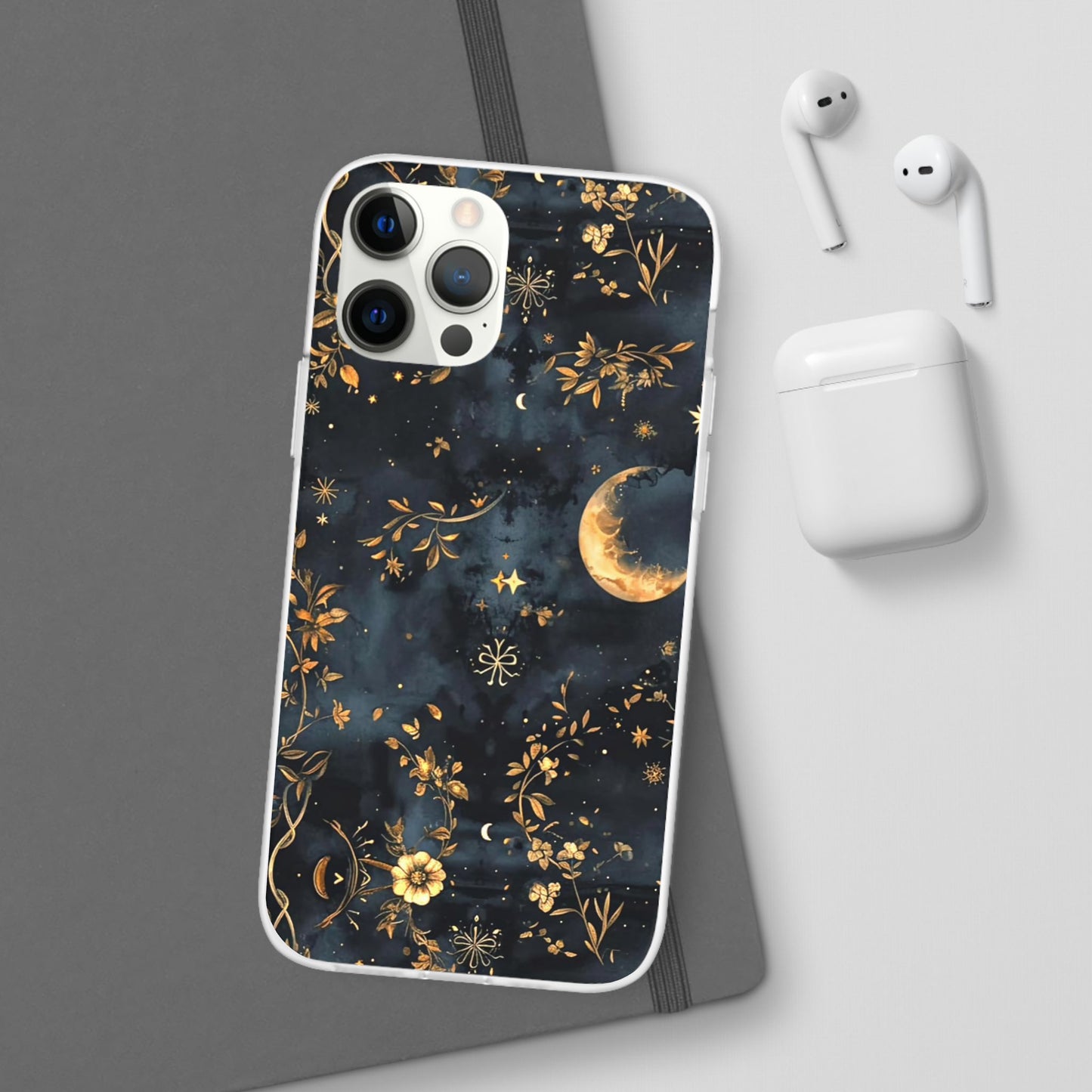 Moon And Flowers On Navy TPU Flexi Cases For iPhones and Samsung Galaxy