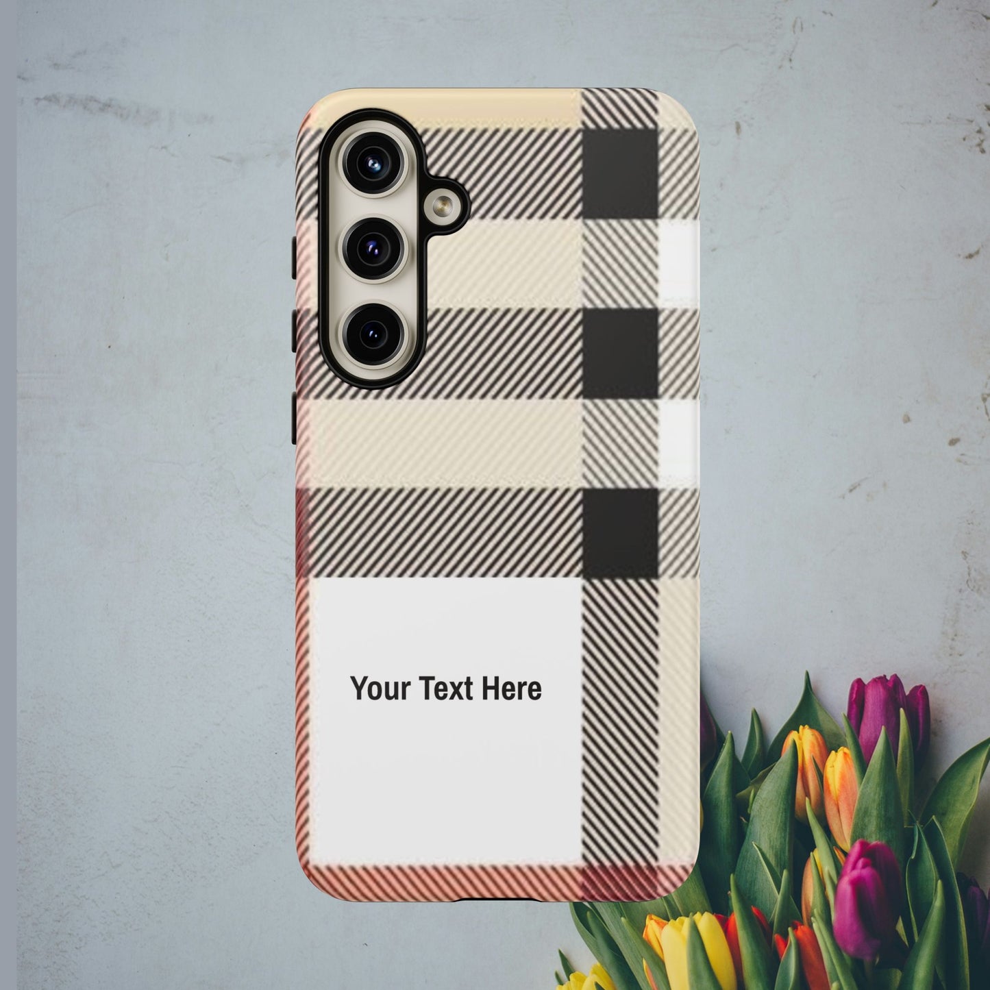 Beige Plaid Personalized Name/Initial Tough Cases For iPhones, Galaxy And Google Pixel