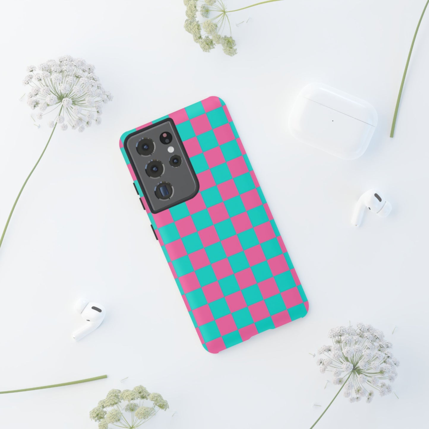 Hot Pink And Teal Checker Pattern Tough Case for iPhone, Galaxy Phones and Google Pixel