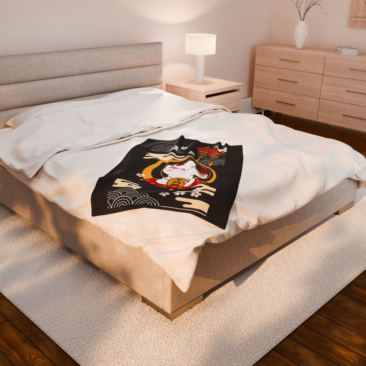 Lucky Cat-Themed Soft Velveteen Plush Blanket | JDM Drift Car Decor
