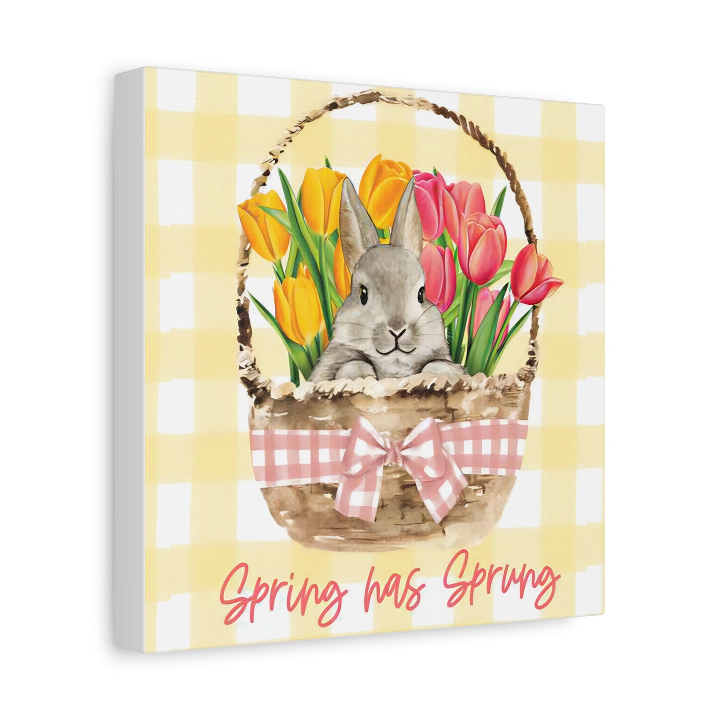 Spring Has Sprung Canvas Print, Yellow Plaid Pattern Bunny Print