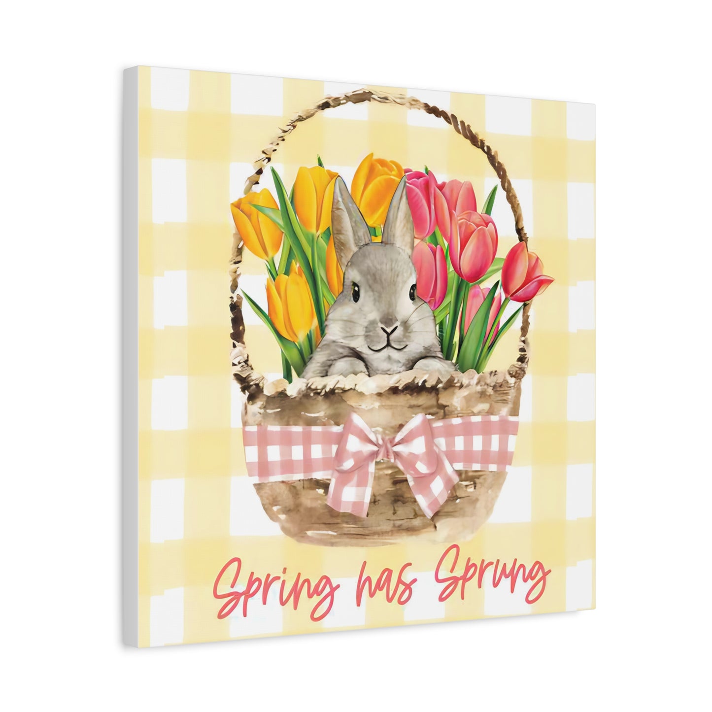 Spring Has Sprung Canvas Print, Yellow Plaid Pattern Bunny Print