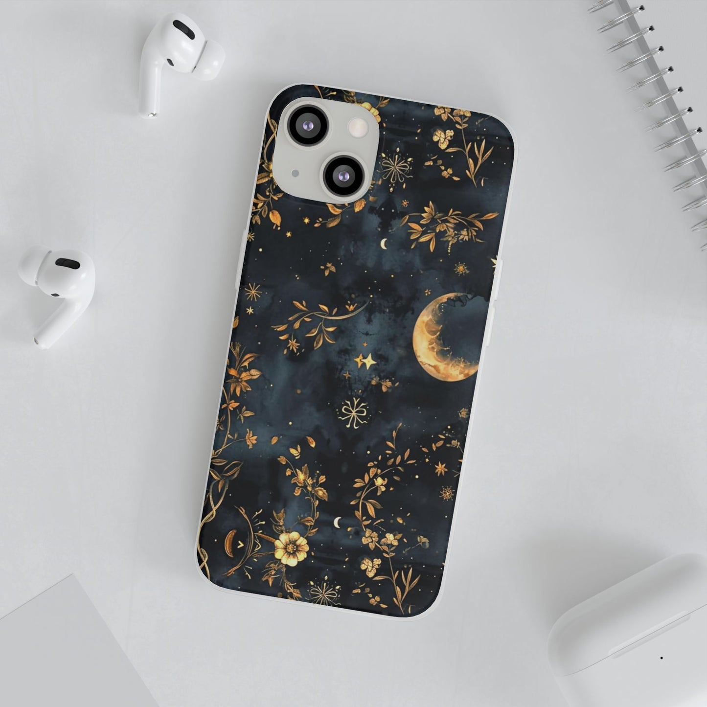 Moon And Flowers On Navy TPU Flexi Cases For iPhones and Samsung Galaxy