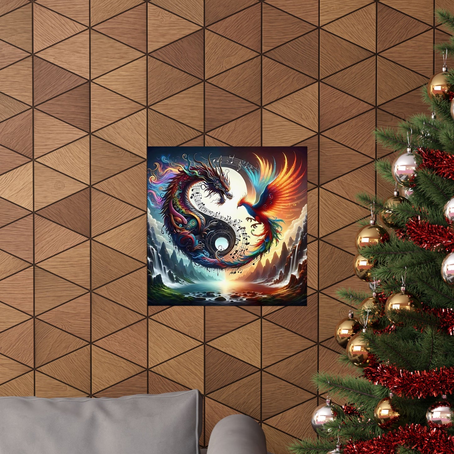 Dragon And Phoenix Ying And Yang Matte Vertical Posters Music Notes Design