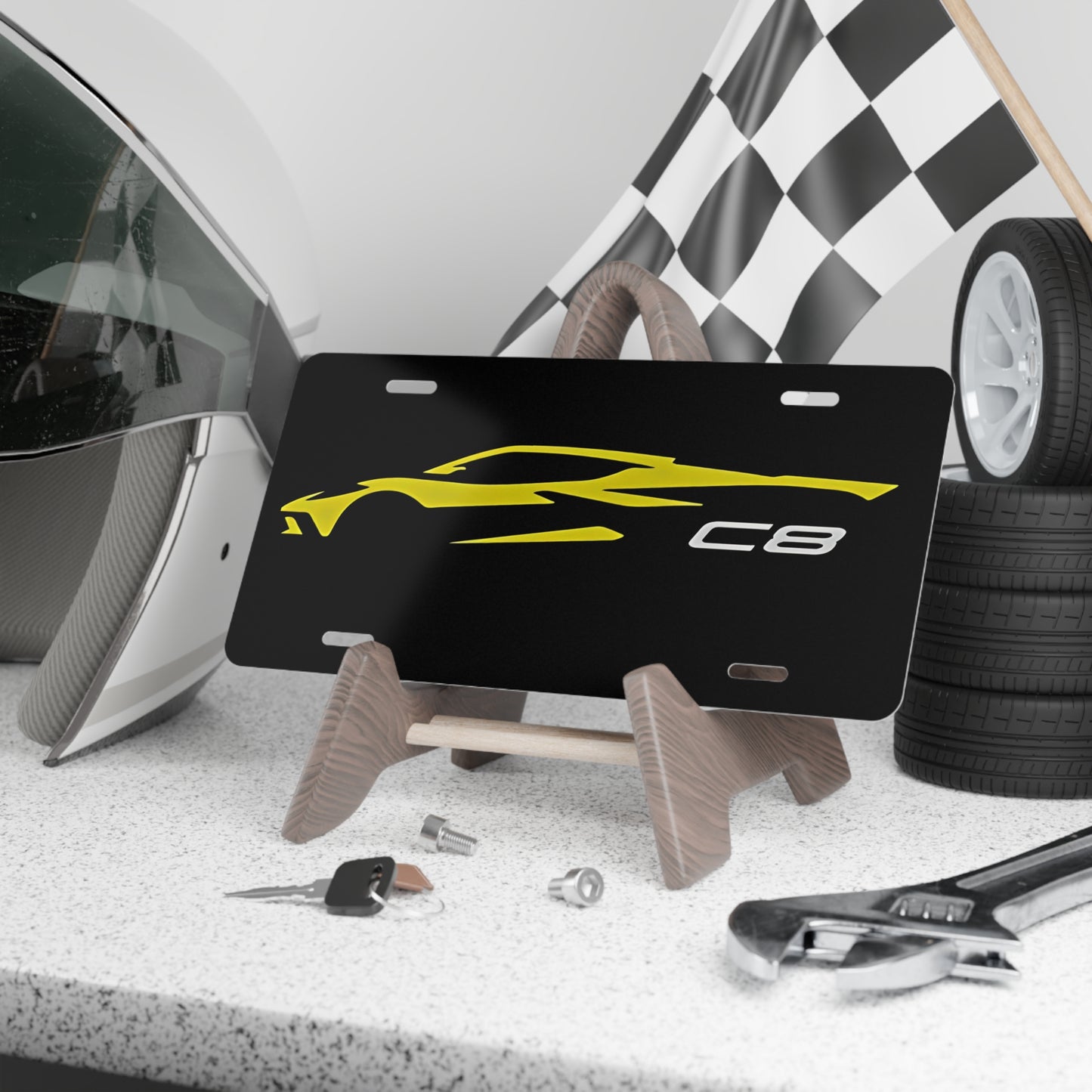 Yellow Corvette C8 Front Vanity License Show Plate, Car Decor and Metal Wall Art