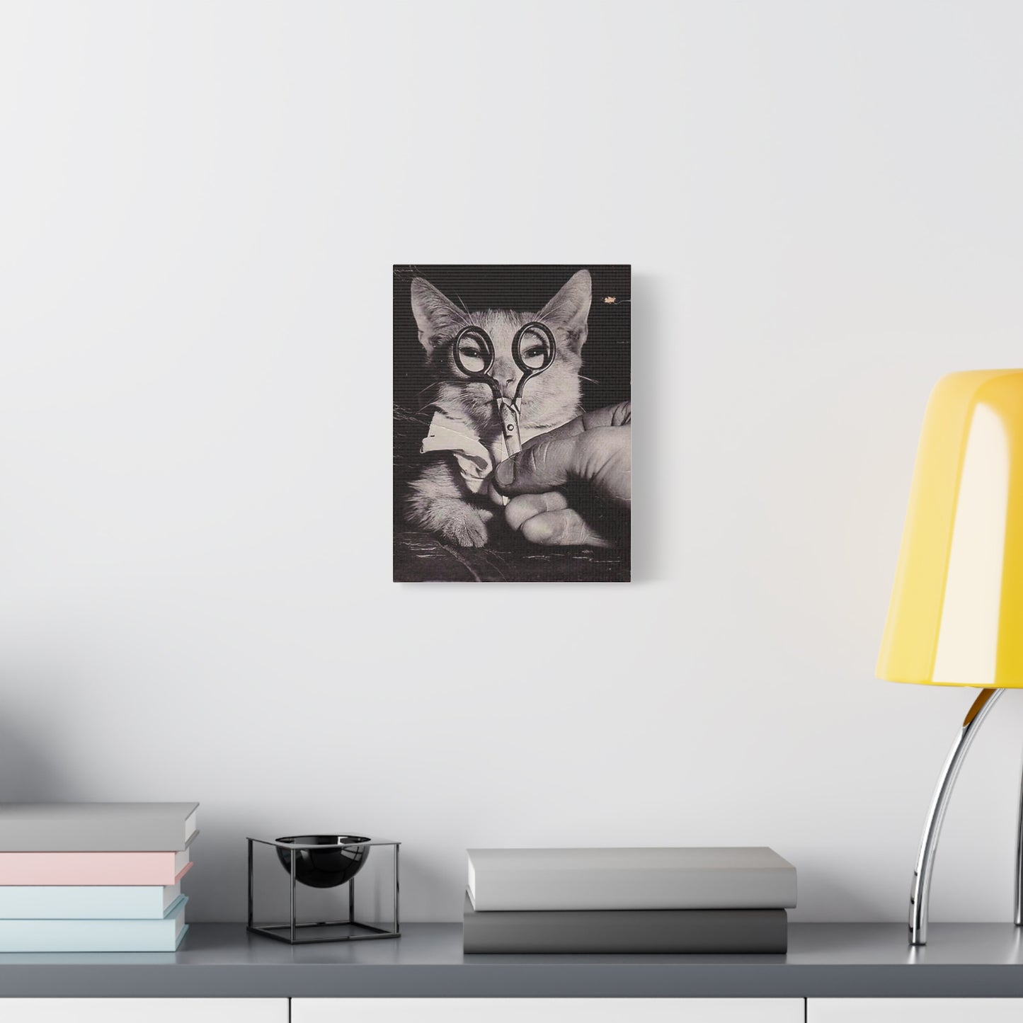 Canvas Wall Art Prints, Vintage Cat With Scissor Glasses, Whimsical Photo Art