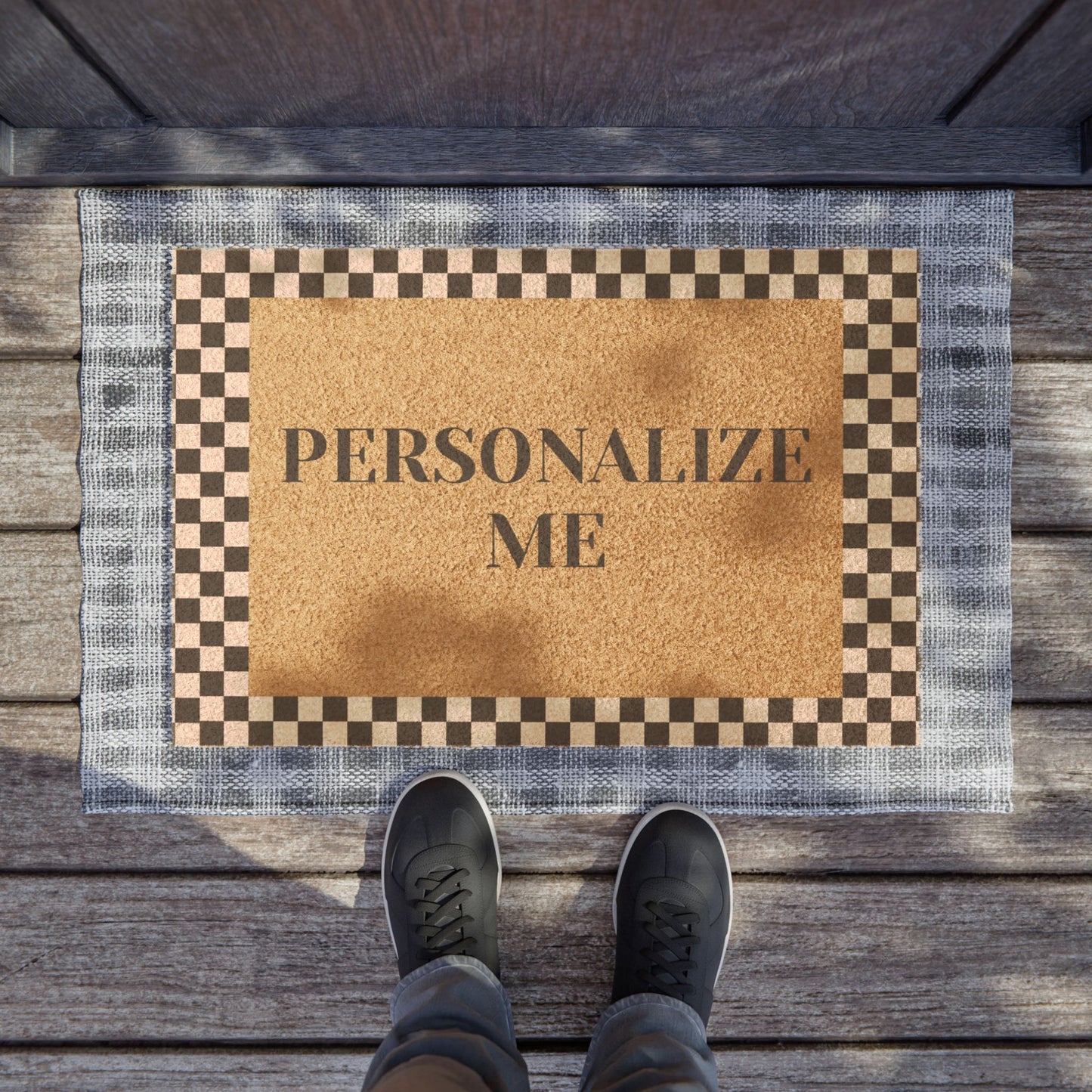 Personalized Doormat with Custom Text - Checkered Frame Design for Home Entry