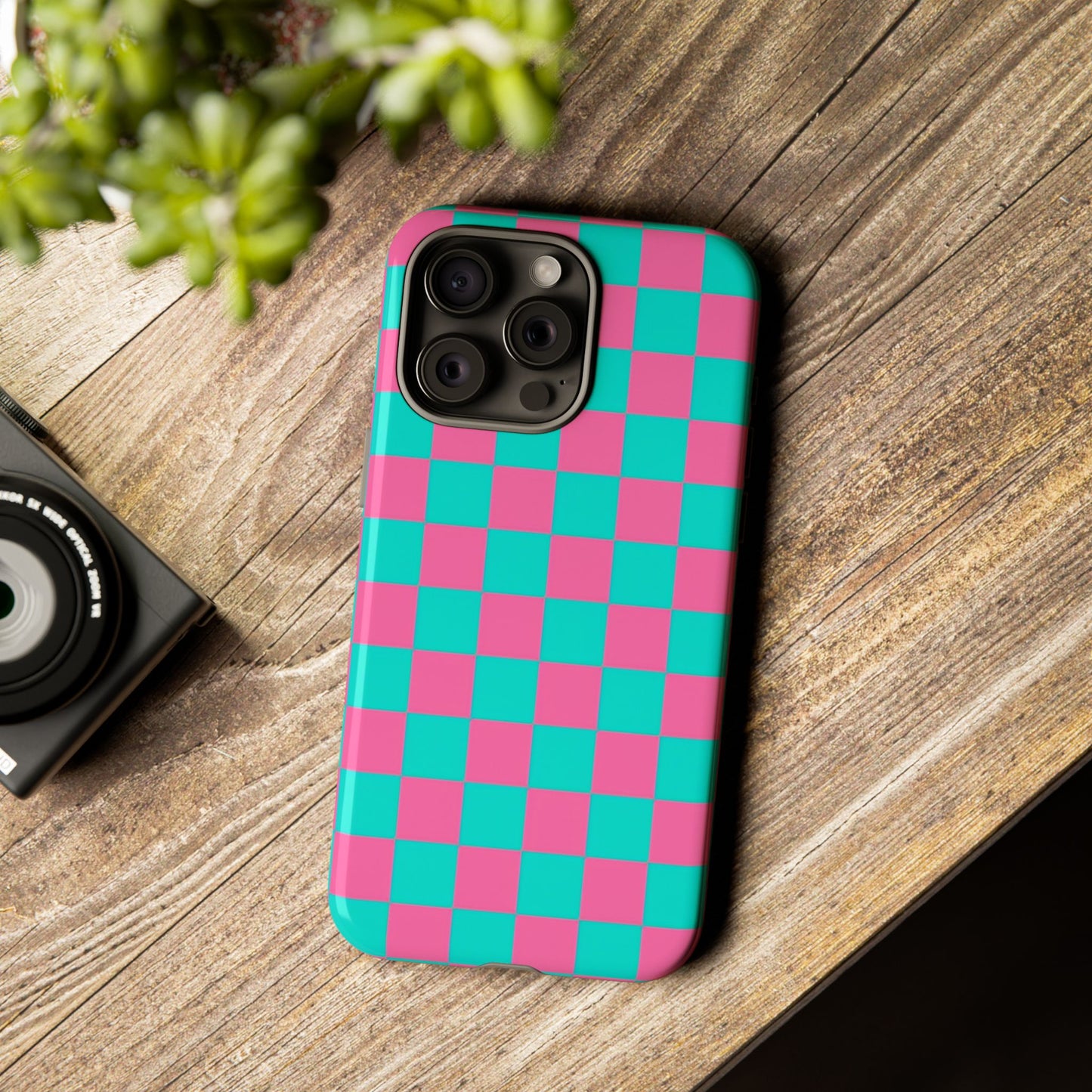 Hot Pink And Teal Checker Pattern Tough Case for iPhone, Galaxy Phones and Google Pixel