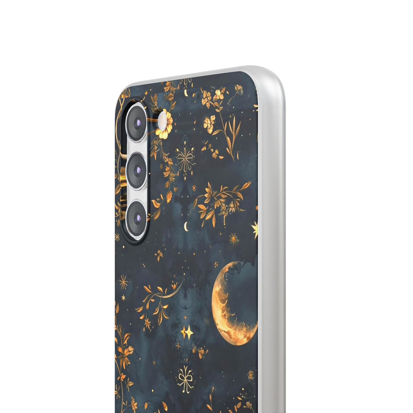 Moon And Flowers On Navy TPU Flexi Cases For iPhones and Samsung Galaxy
