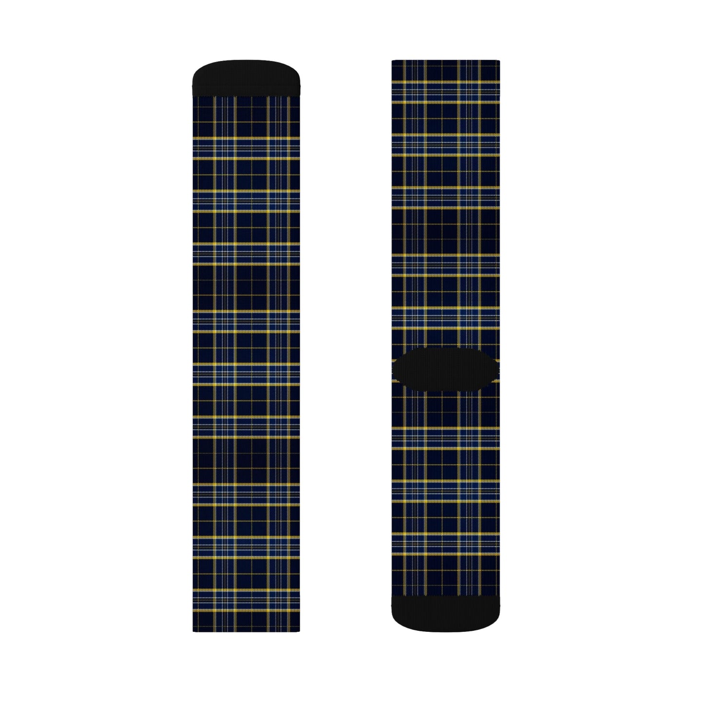 Navy Yellow Plaid Sublimation Socks | Tartan Pattern Crew Socks