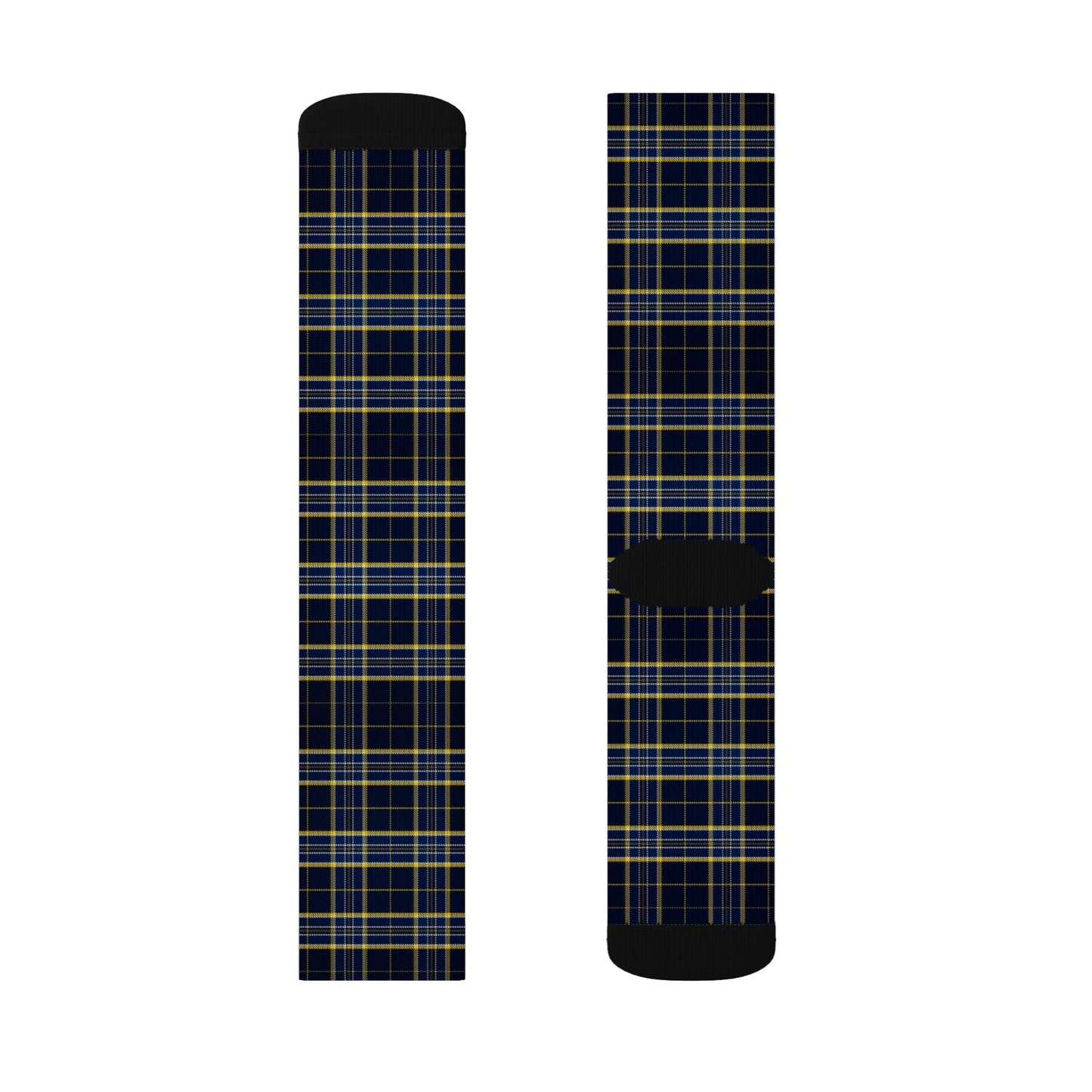 Navy Yellow Plaid Sublimation Socks | Tartan Pattern Crew Socks