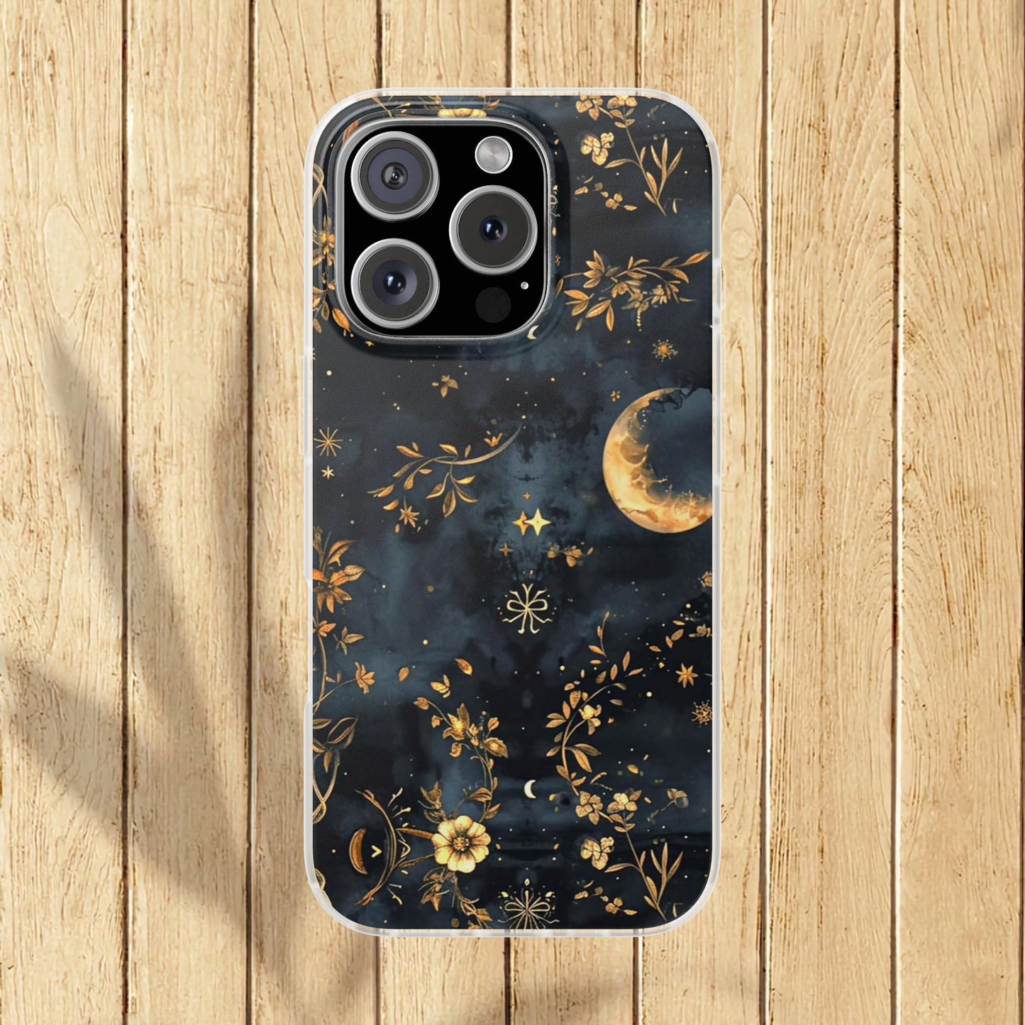 Moon And Flowers On Navy TPU Flexi Cases For iPhones and Samsung Galaxy