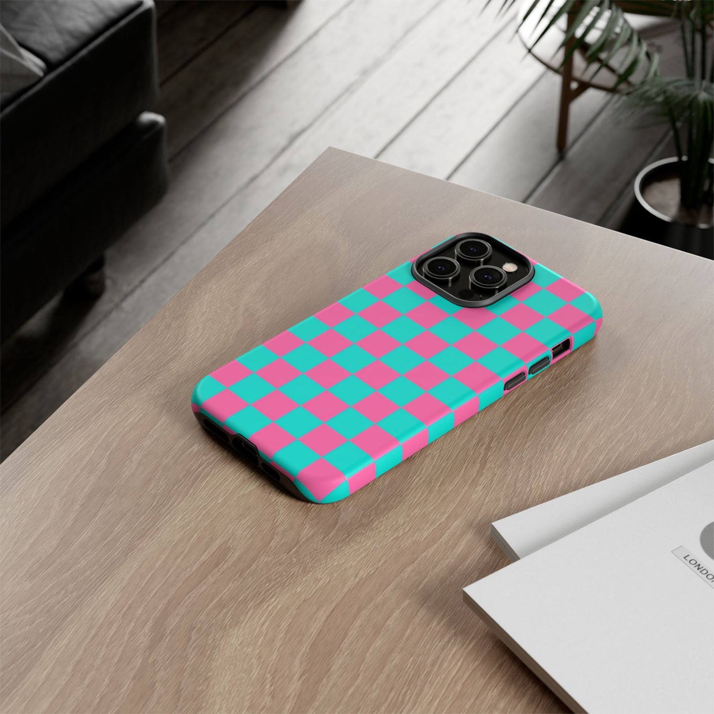 Hot Pink And Teal Checker Pattern Tough Case for iPhone, Galaxy Phones and Google Pixel
