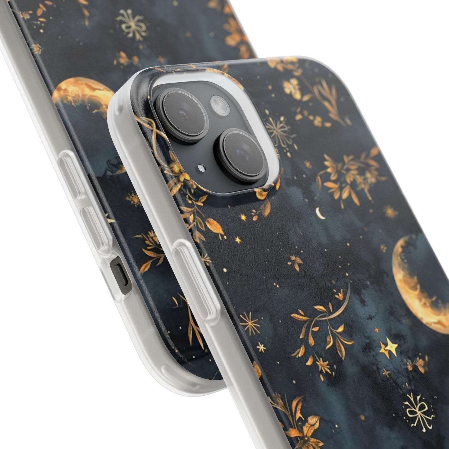 Moon And Flowers On Navy TPU Flexi Cases For iPhones and Samsung Galaxy