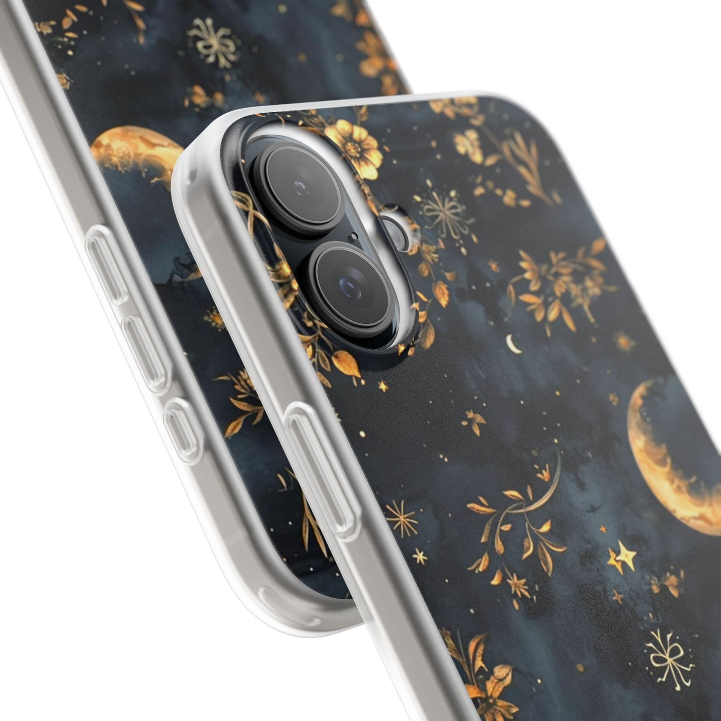 Moon And Flowers On Navy TPU Flexi Cases For iPhones and Samsung Galaxy
