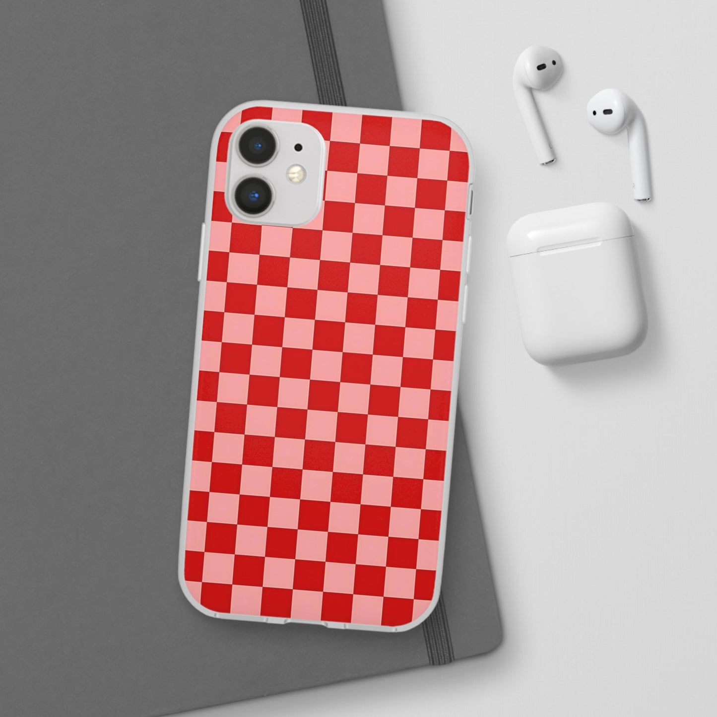 Red Checkerboard TPU Soft Flexi Phone Case — Retro Red & Pink Plaid Protective Cover