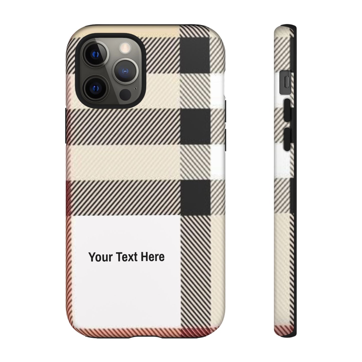 Beige Plaid Personalized Name/Initial Tough Cases For iPhones, Galaxy And Google Pixel