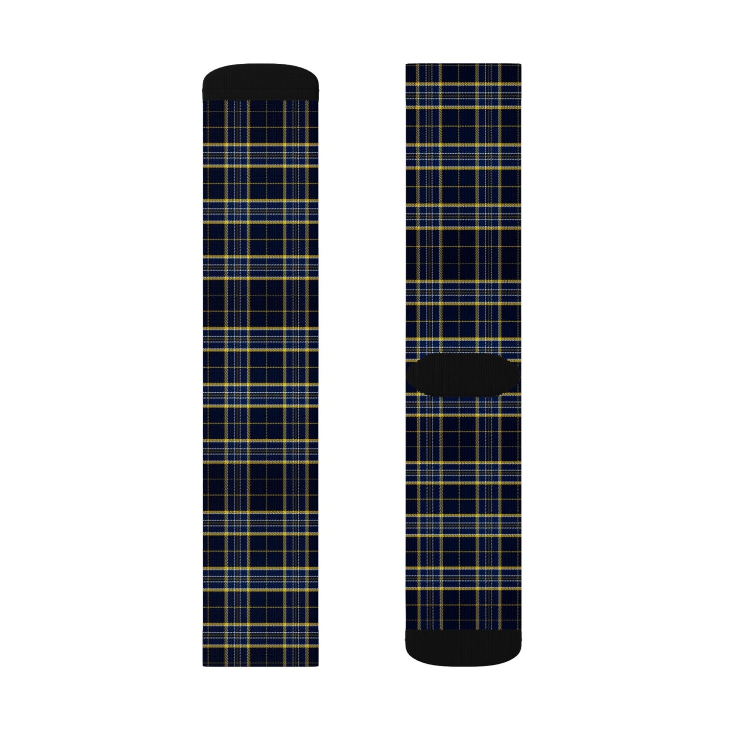 Navy Yellow Plaid Sublimation Socks | Tartan Pattern Crew Socks