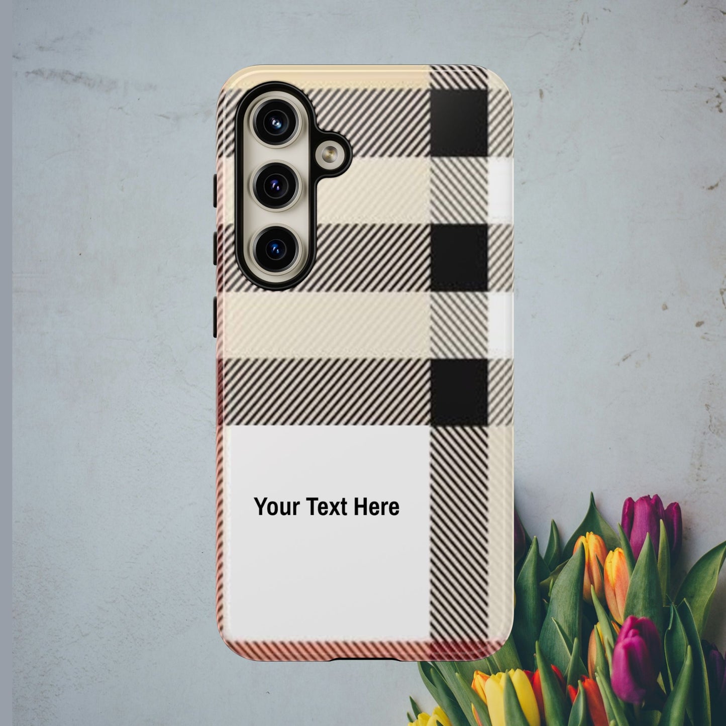 Beige Plaid Personalized Name/Initial Tough Cases For iPhones, Galaxy And Google Pixel