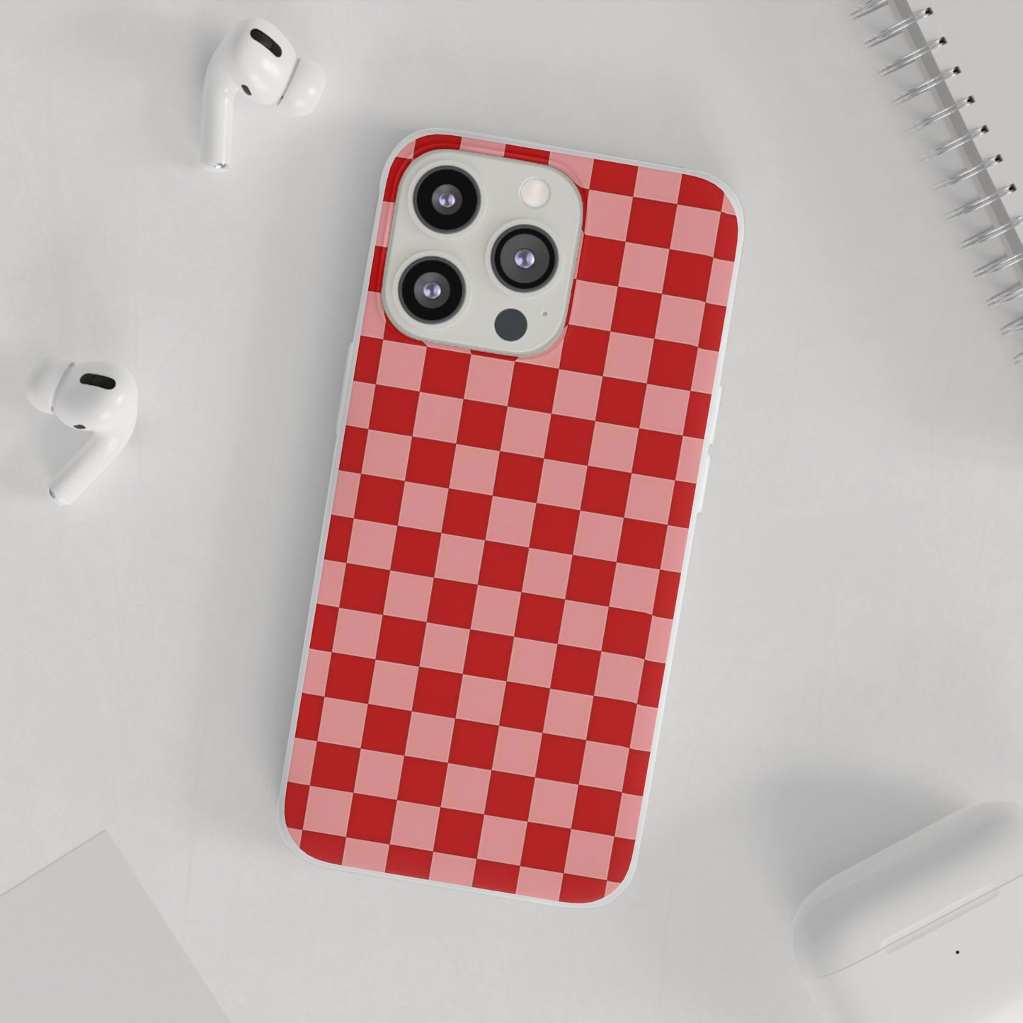 Red Checkerboard TPU Soft Flexi Phone Case — Retro Red & Pink Plaid Protective Cover