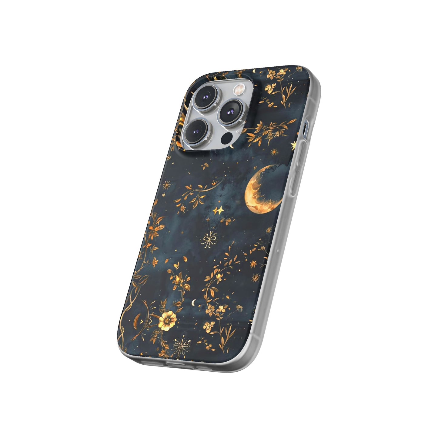 Moon And Flowers On Navy TPU Flexi Cases For iPhones and Samsung Galaxy