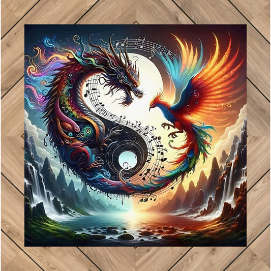 Dragon And Phoenix Ying And Yang Matte Vertical Posters Music Notes Design