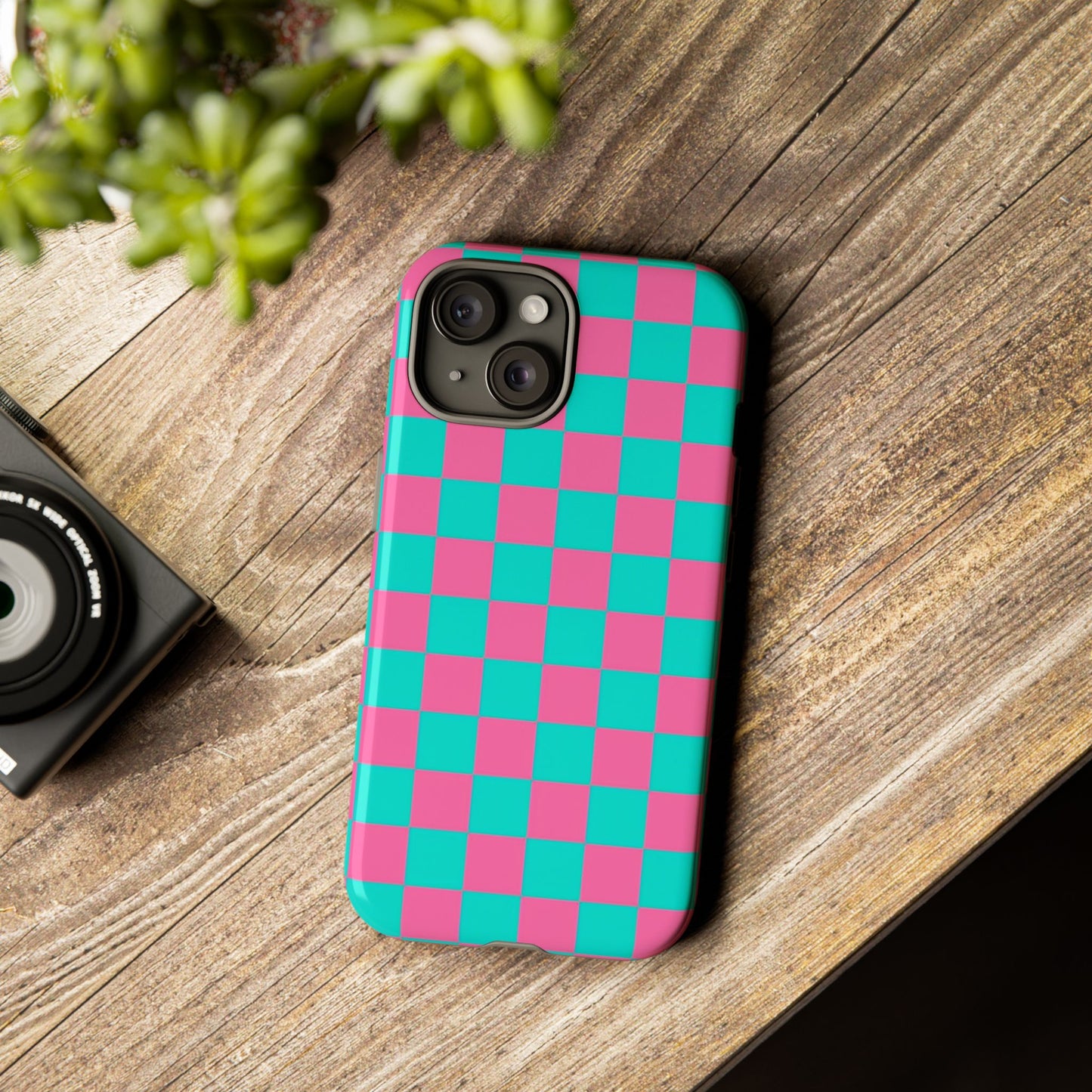 Hot Pink And Teal Checker Pattern Tough Case for iPhone, Galaxy Phones and Google Pixel