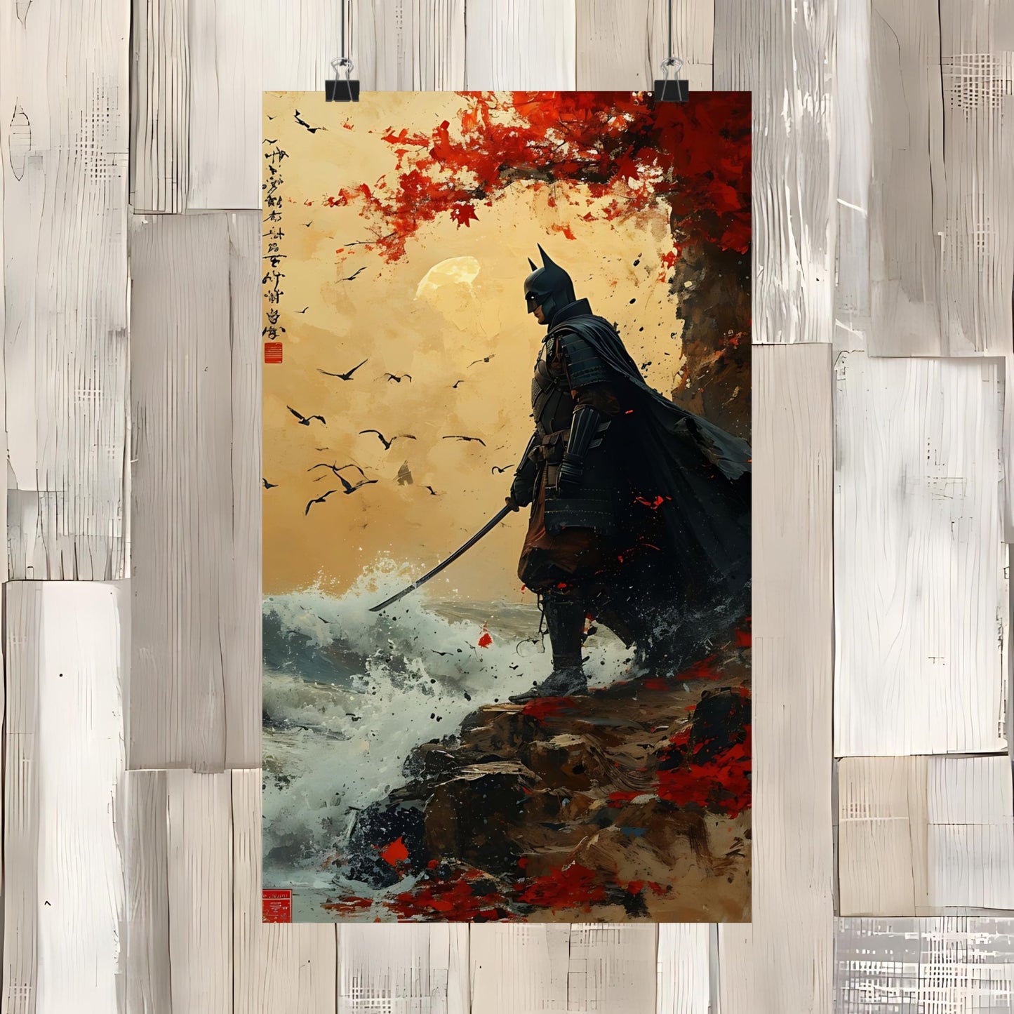 Japanese Painting Matte Vertical Posters Dark Night Samurai Great Wave Art