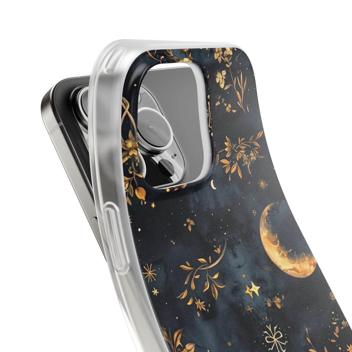 Moon And Flowers On Navy TPU Flexi Cases For iPhones and Samsung Galaxy