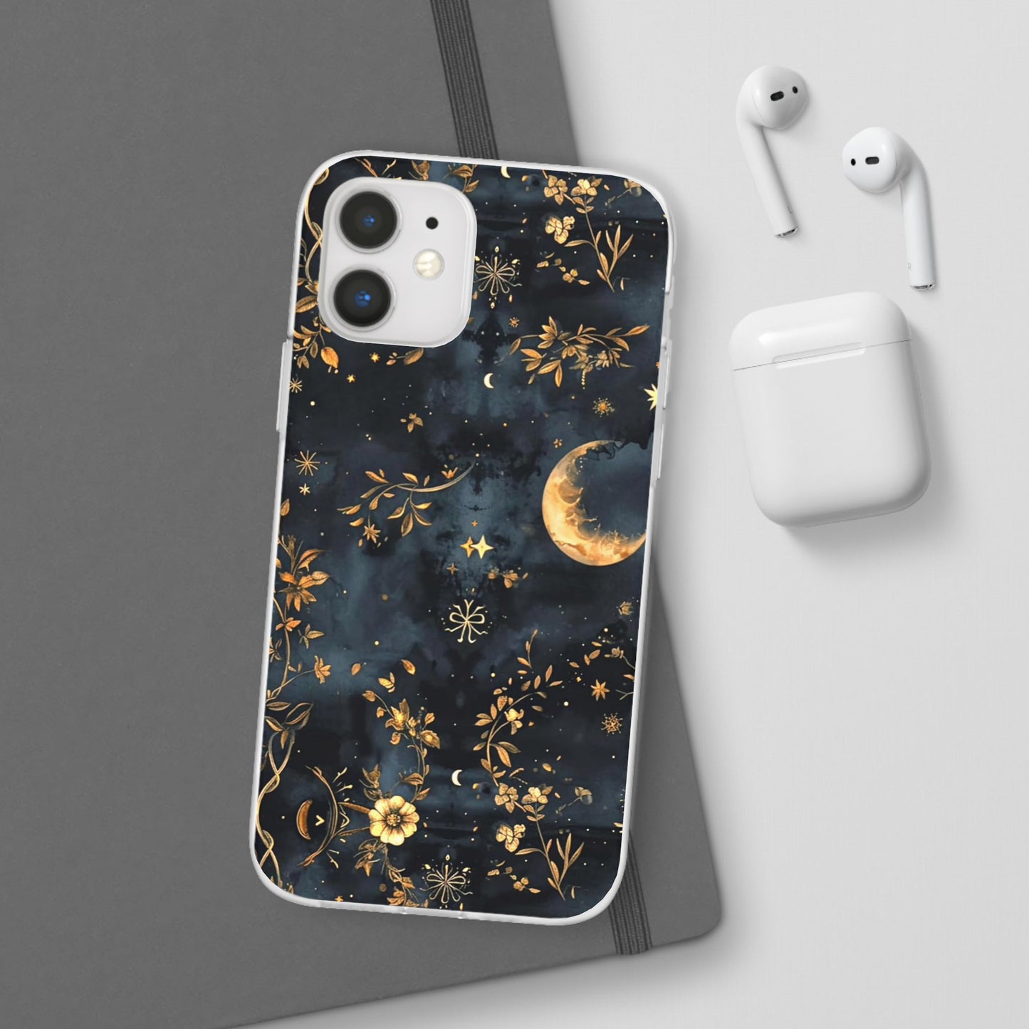 Moon And Flowers On Navy TPU Flexi Cases For iPhones and Samsung Galaxy