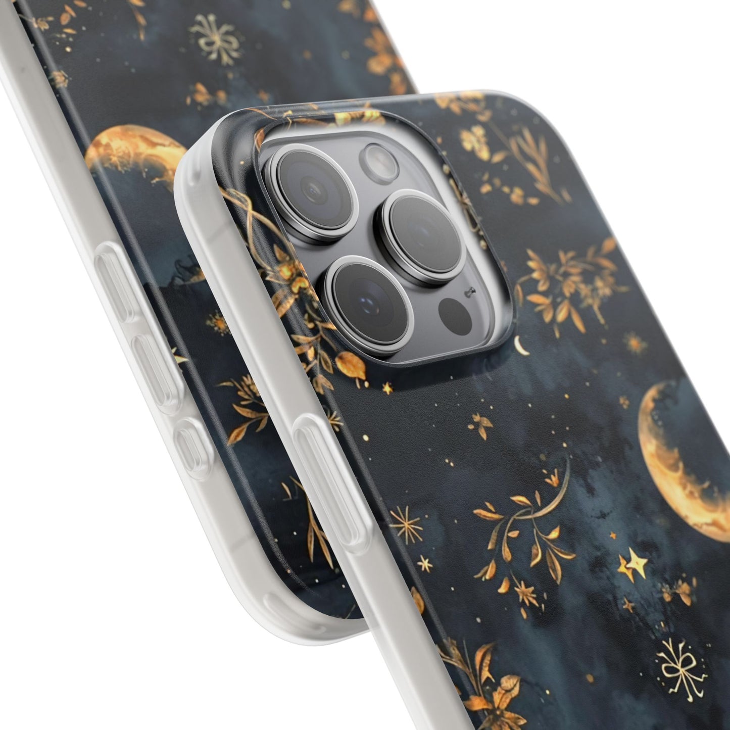Moon And Flowers On Navy TPU Flexi Cases For iPhones and Samsung Galaxy