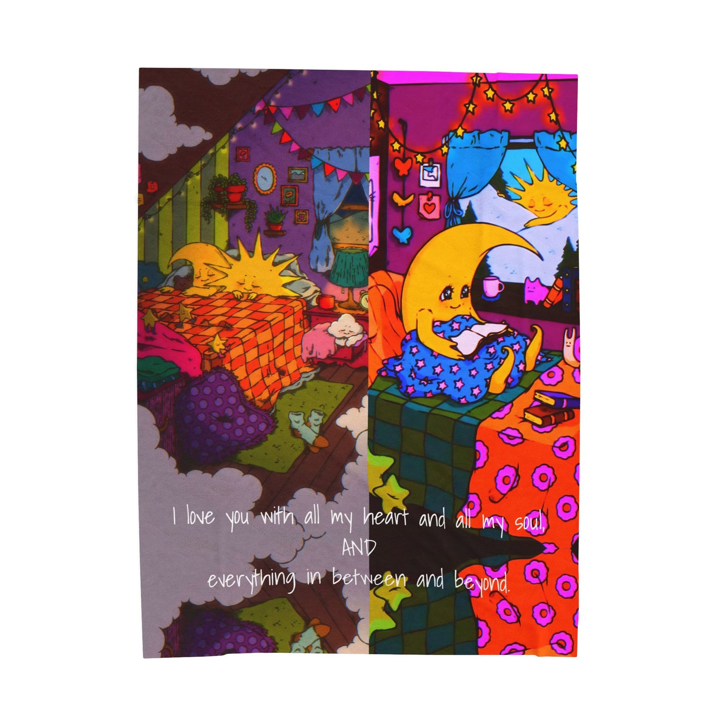 Sun & Moon Bedtime Illustration Velveteen Plush Blanket Kids Cozy Quote Throw